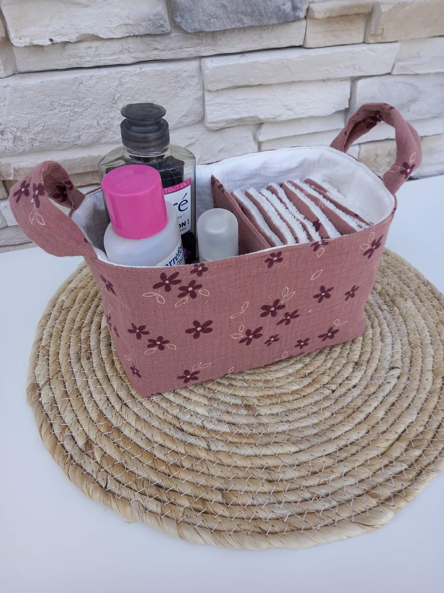 Panière double compartiment avec cotons lavables – rangement salle de bain zéro déchet