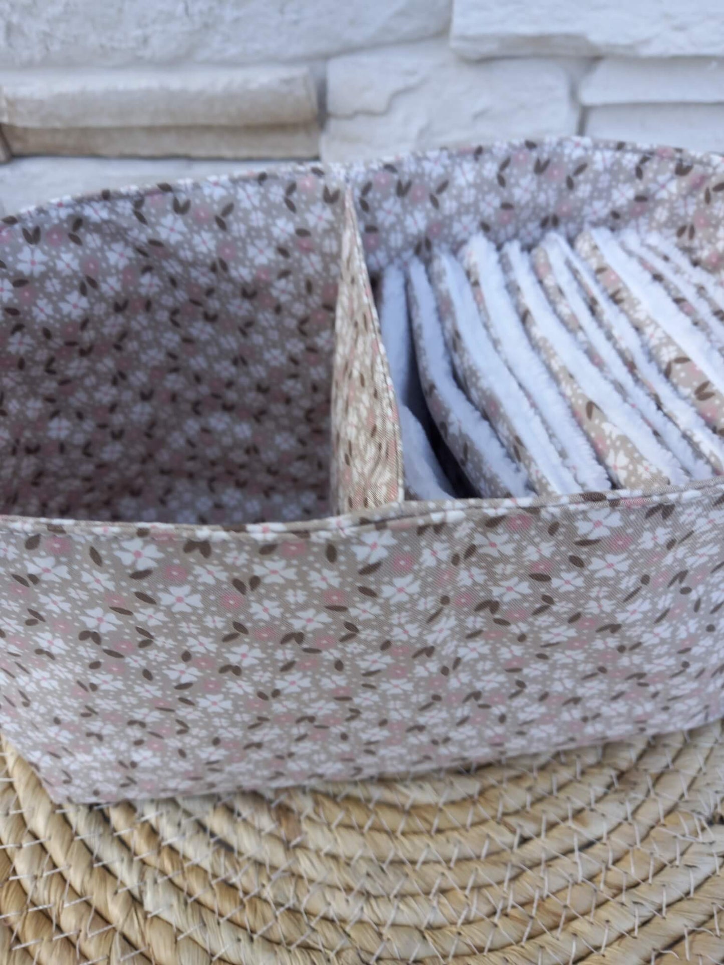 Panière double compartiment avec cotons lavables – rangement salle de bain zéro déchet