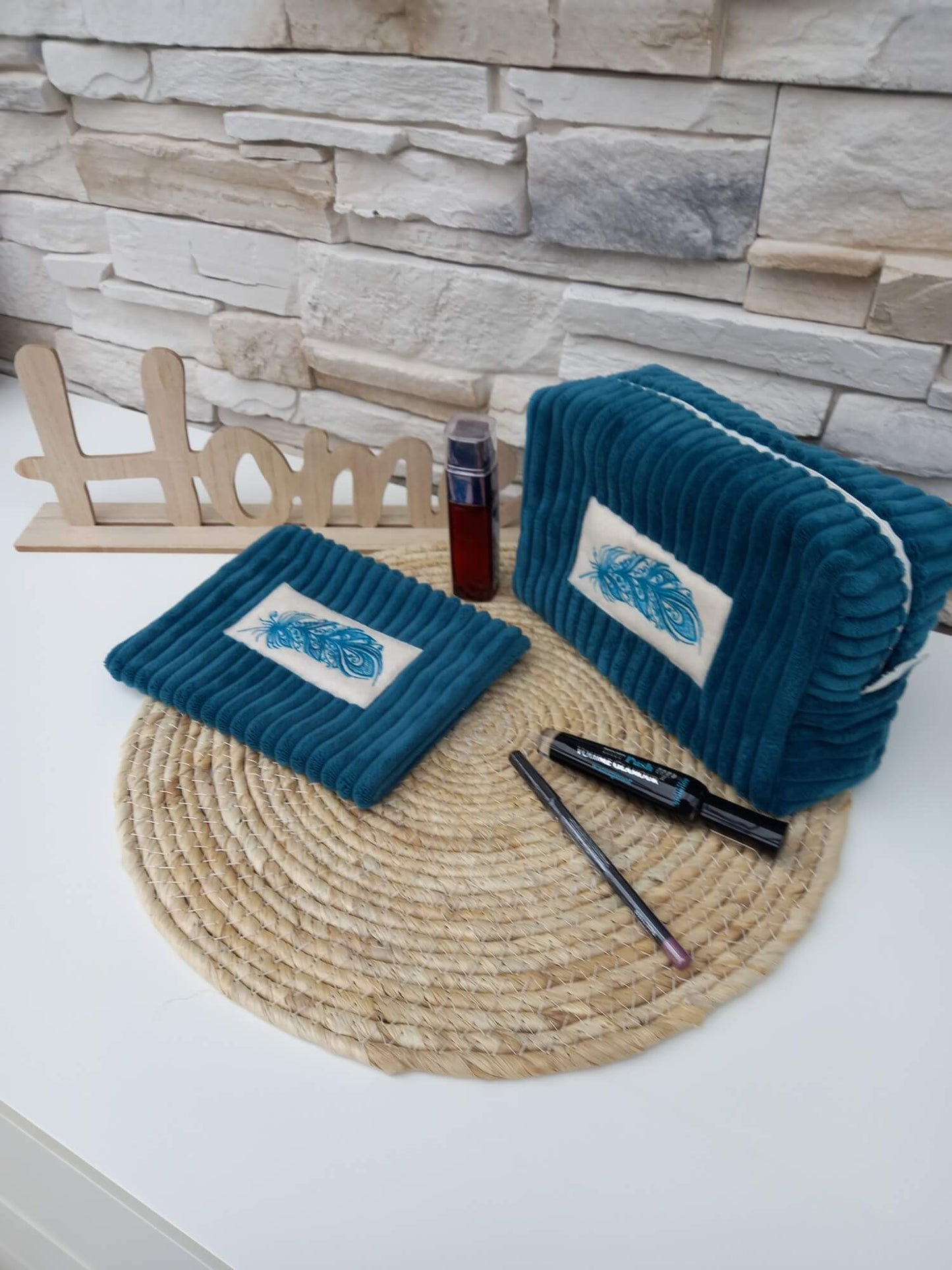 Trousse de toilette velours bleu canard