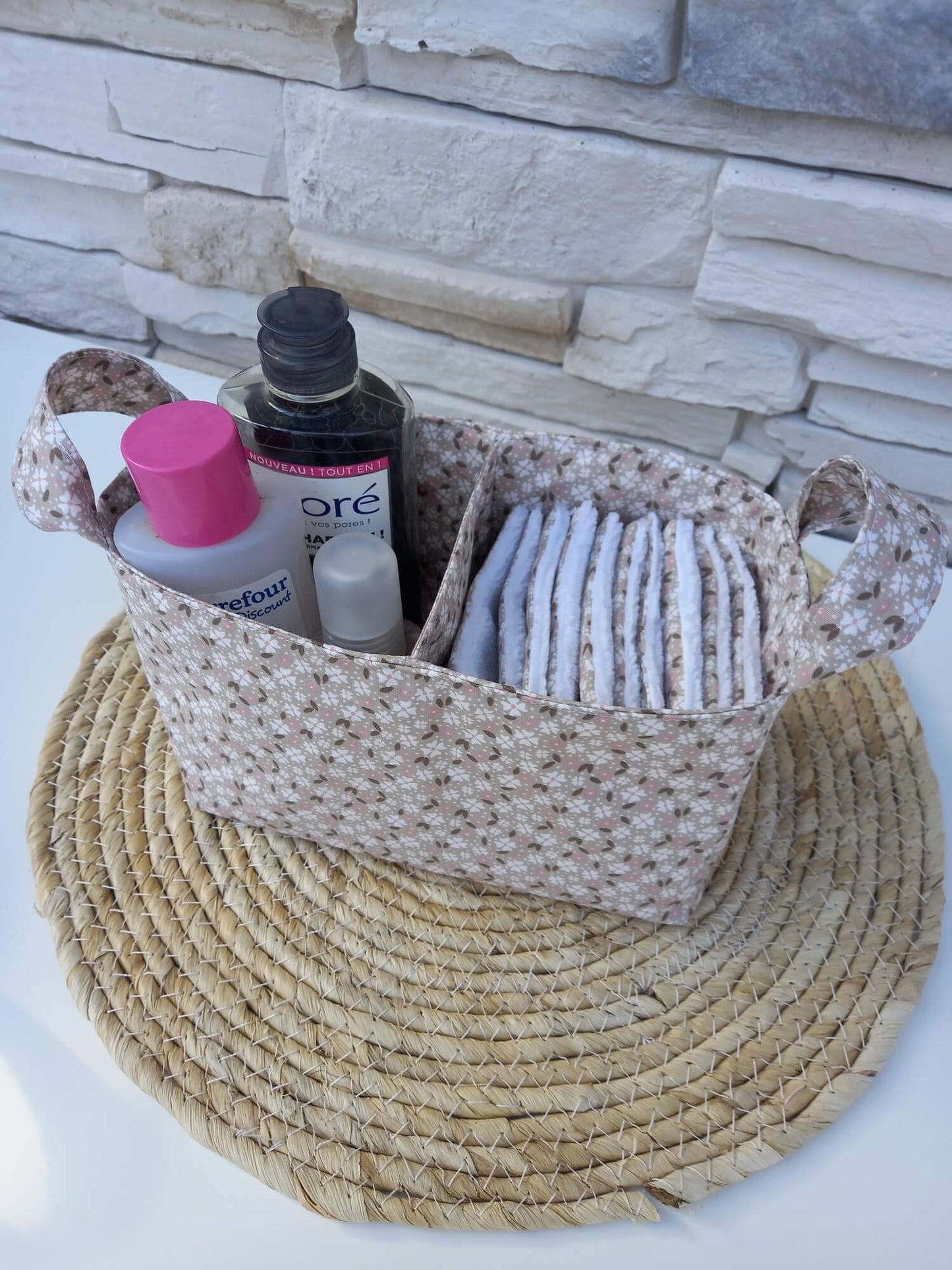Panière double compartiment avec cotons lavables – rangement salle de bain zéro déchet
