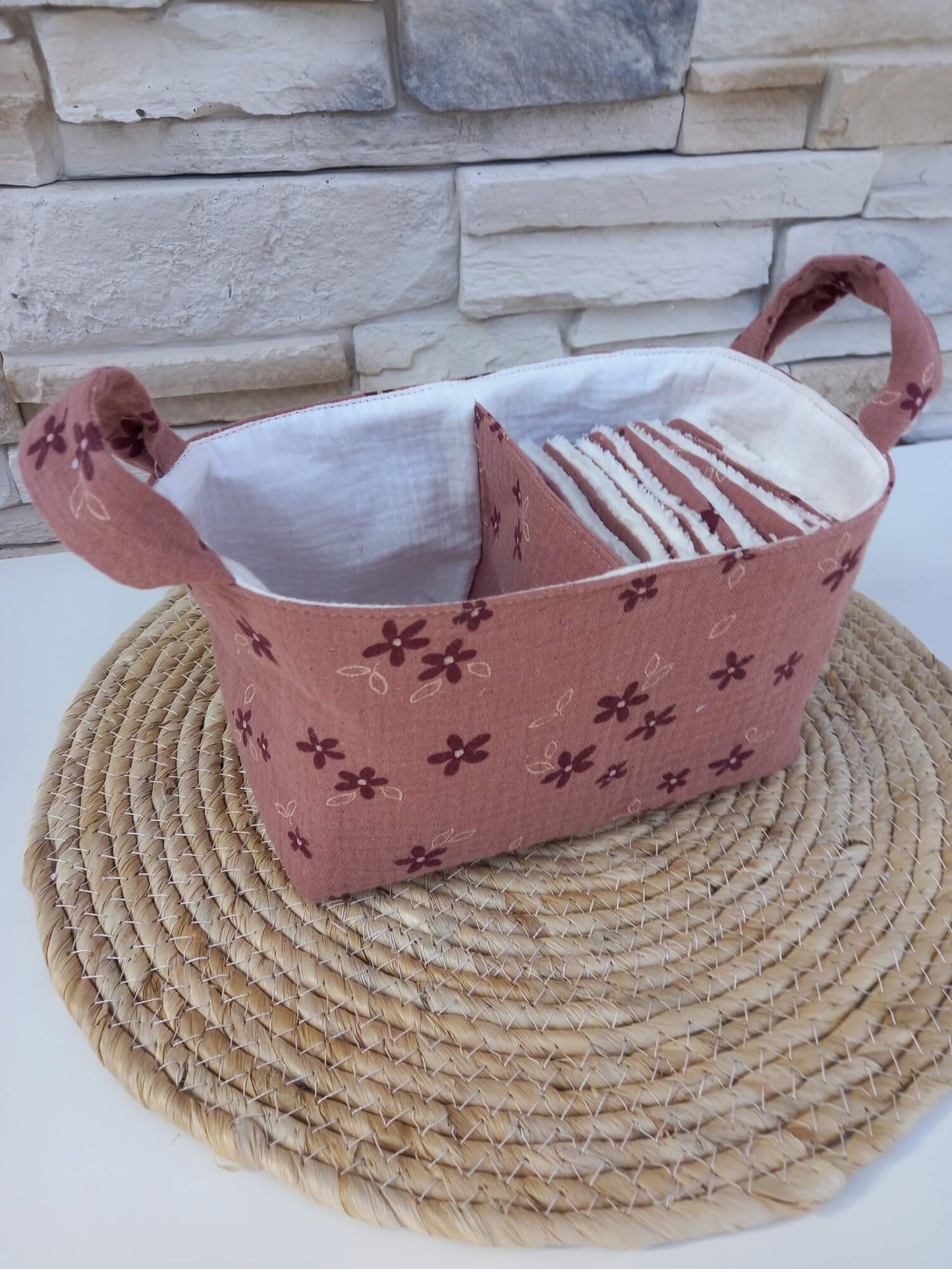 Panière double compartiment avec cotons lavables – rangement salle de bain zéro déchet