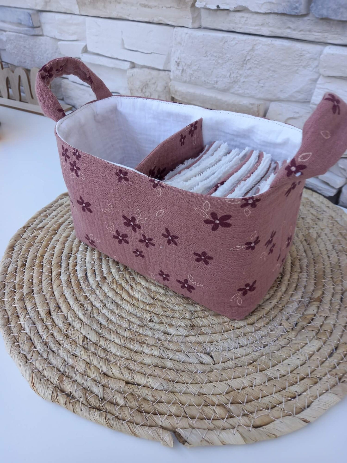 Panière double compartiment avec cotons lavables – rangement salle de bain zéro déchet