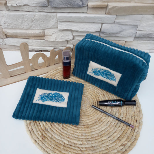 Trousse de toilette velours bleu canard
