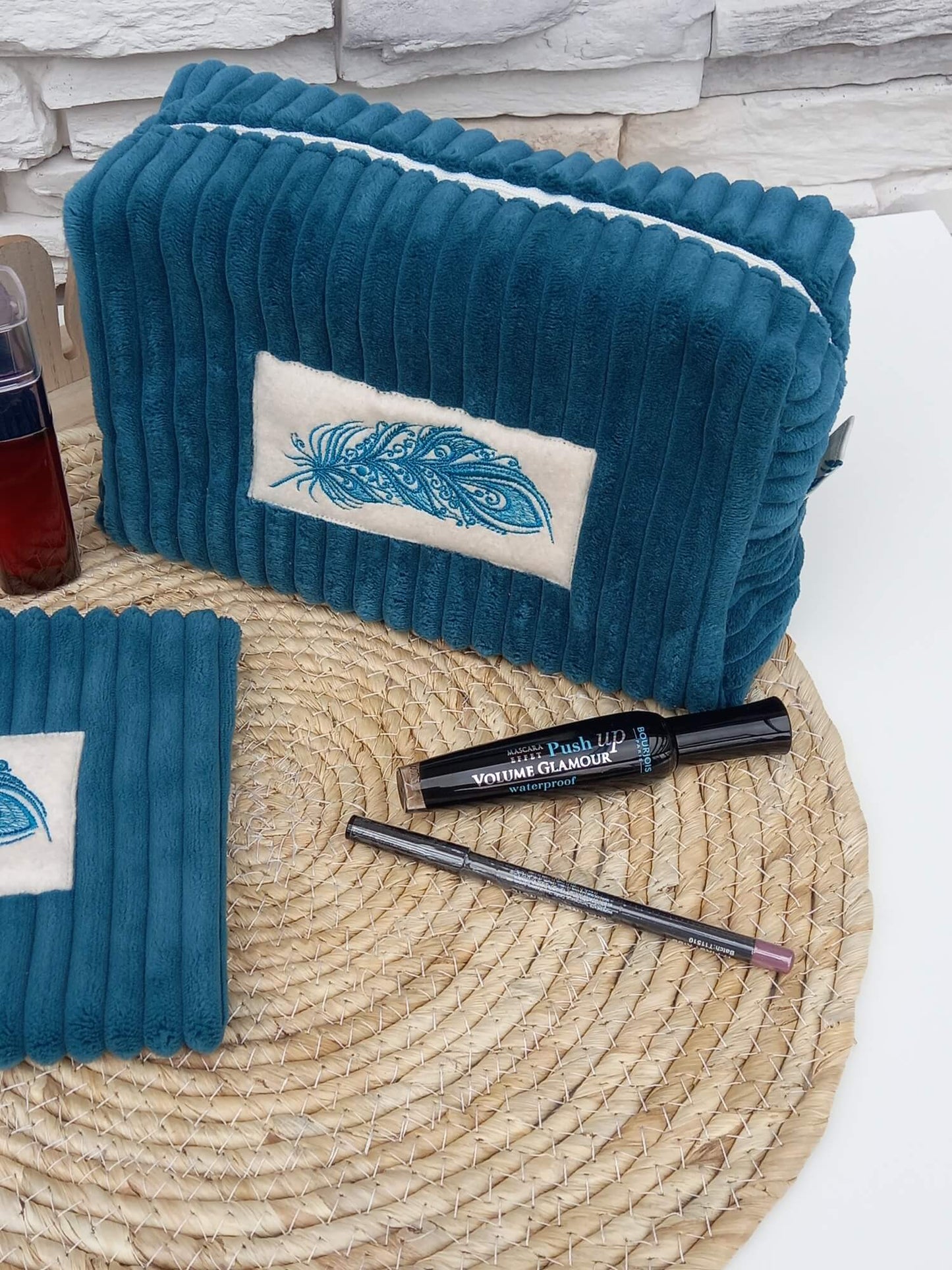 Trousse de toilette velours bleu canard
