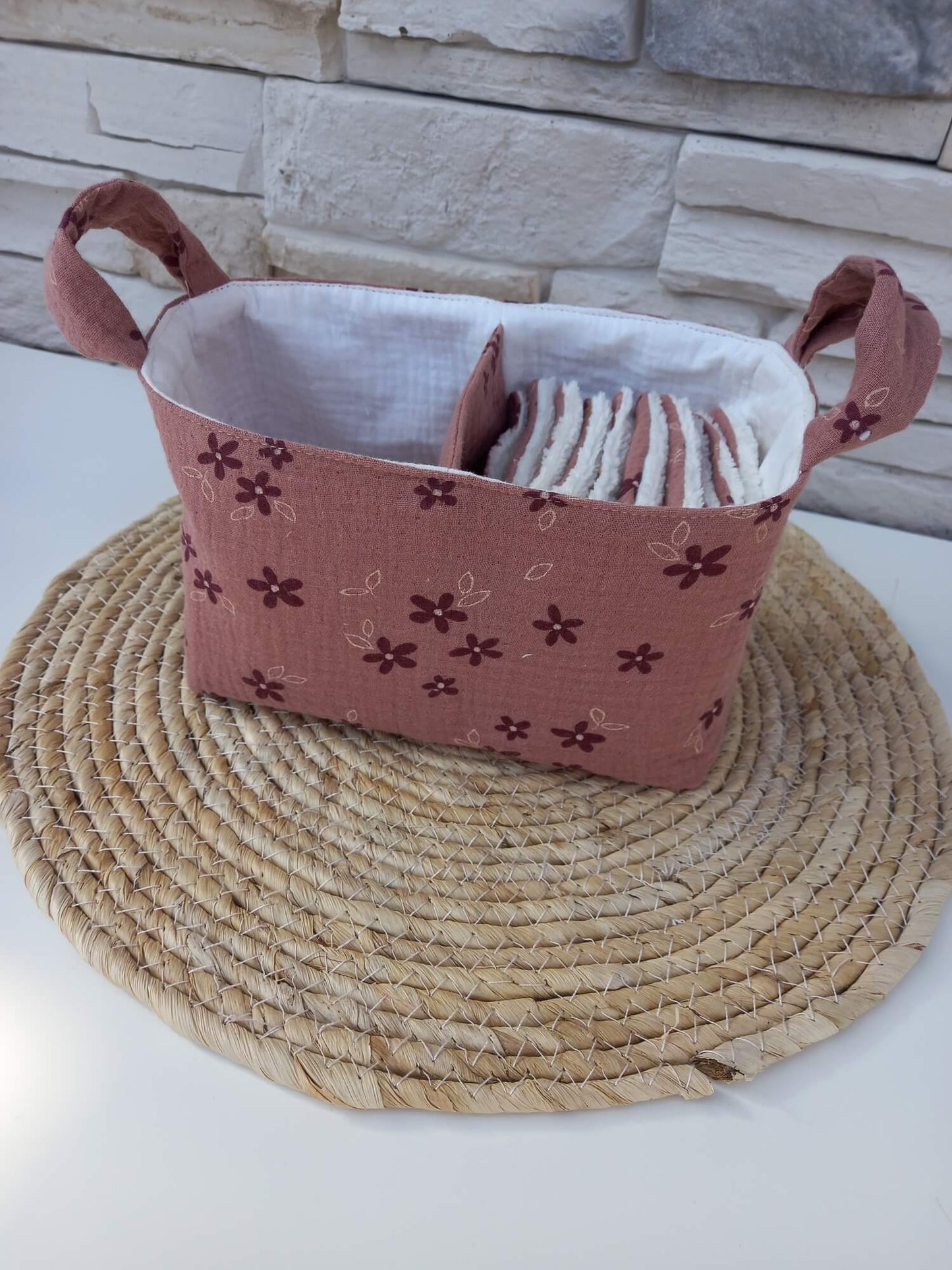 Panière double compartiment avec cotons lavables – rangement salle de bain zéro déchet