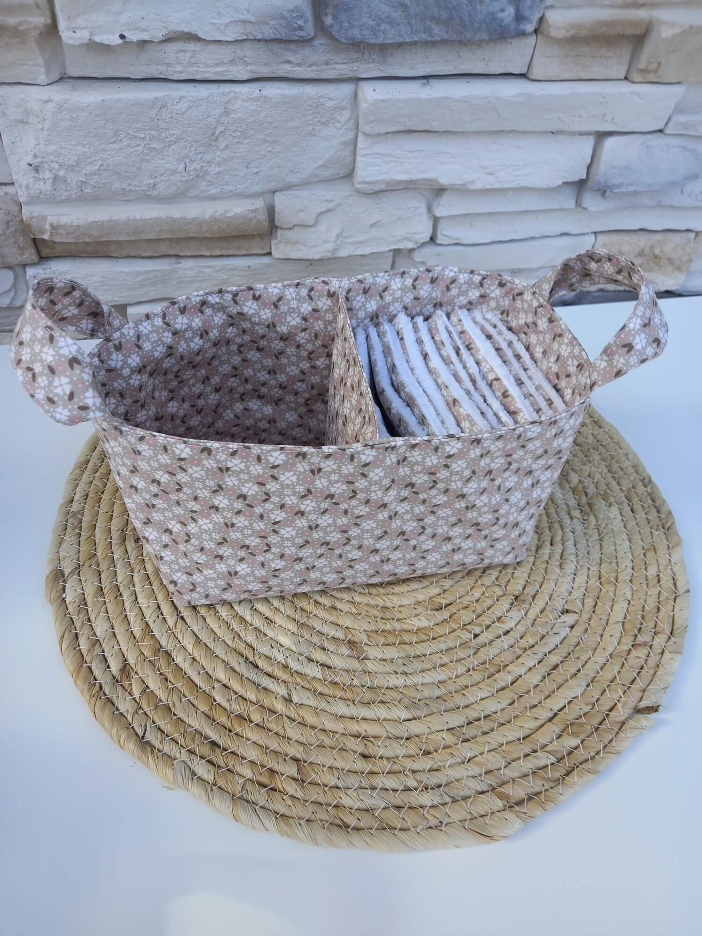 Panière double compartiment avec cotons lavables – rangement salle de bain zéro déchet