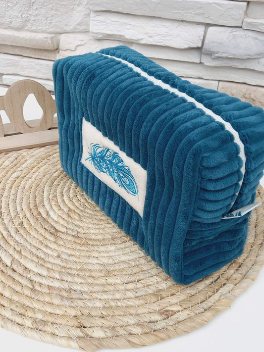 Trousse de toilette velours bleu canard