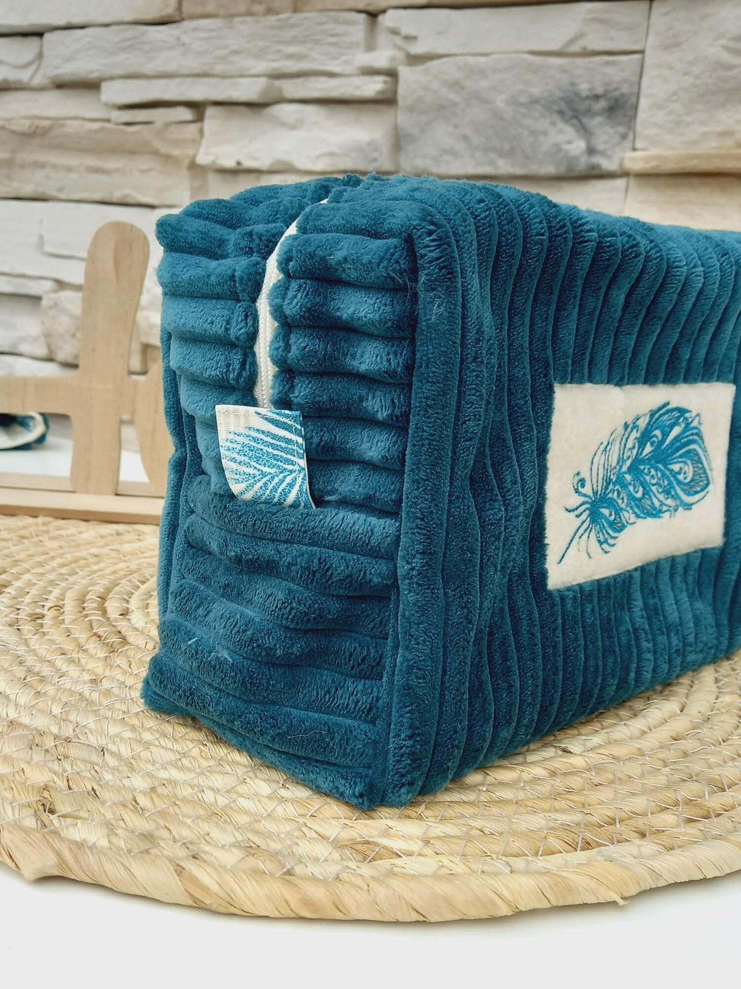 Trousse de toilette velours bleu canard
