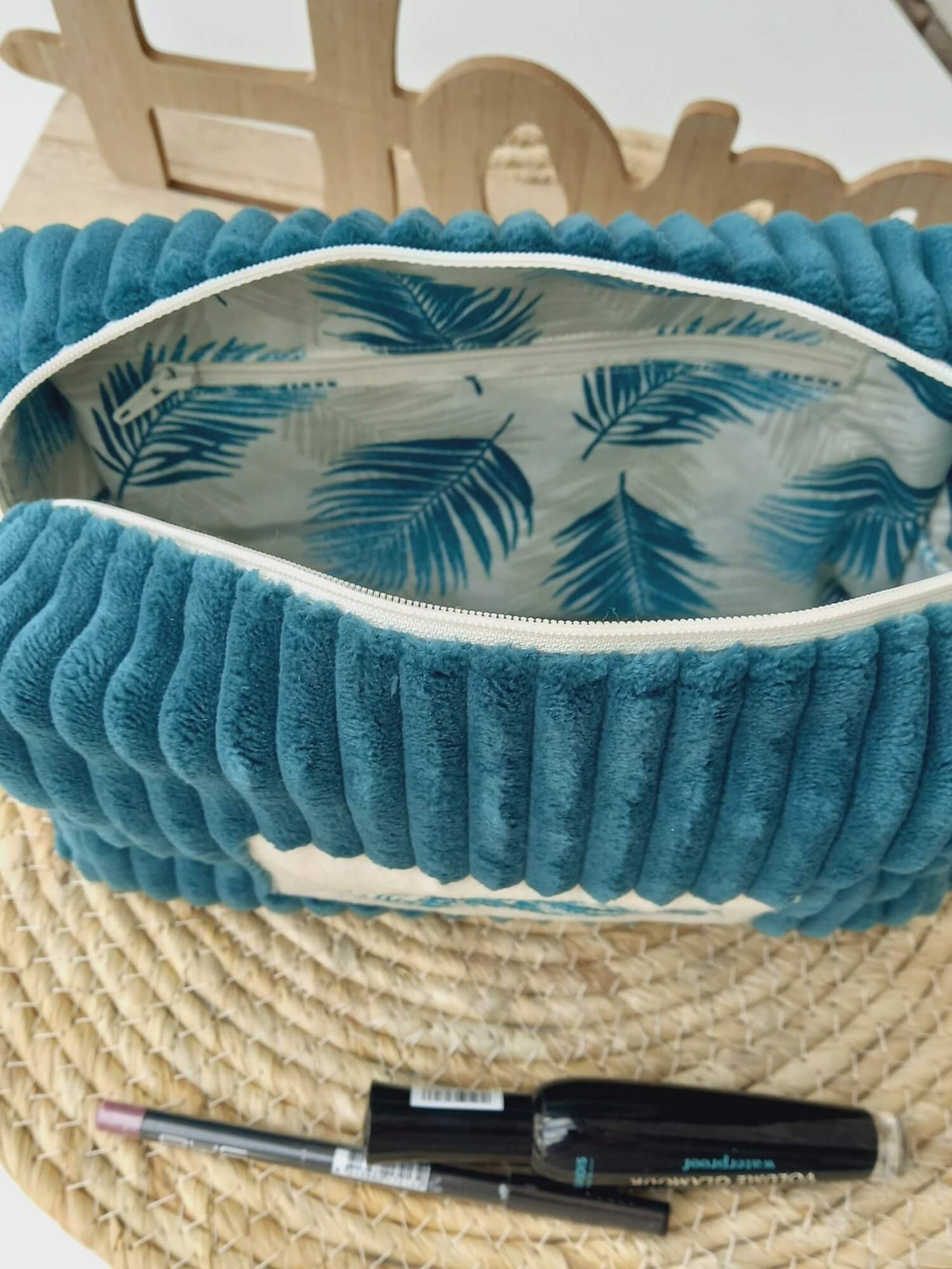 Trousse de toilette velours bleu canard