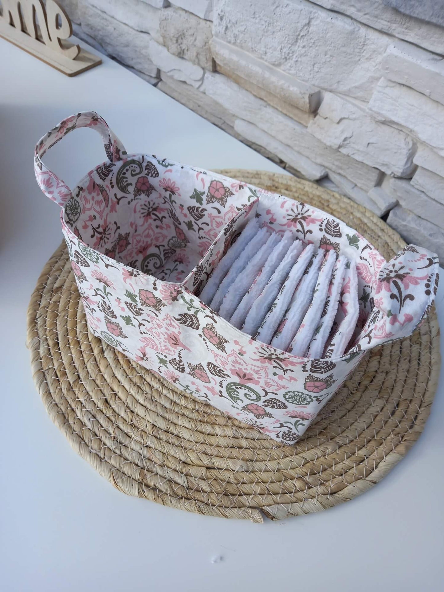 Panière double compartiment avec cotons lavables – rangement salle de bain zéro déchet